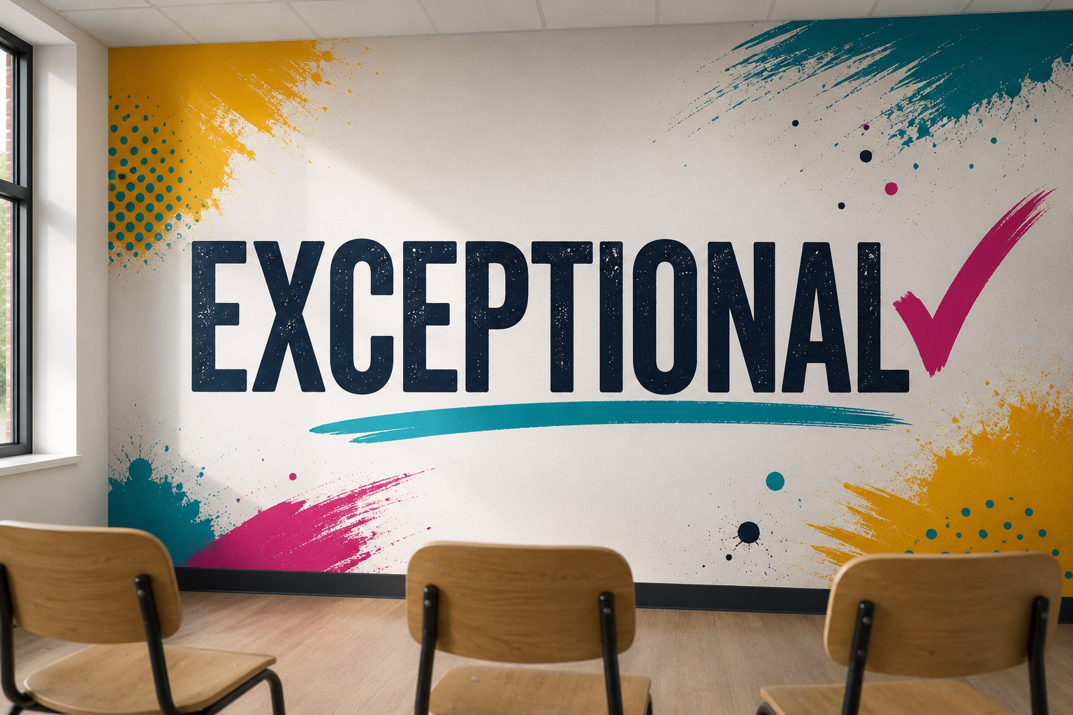A classroom wall displaying the word Exceptional with a check mark